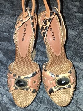 bebe Tan and Leopard Print Slingback Wedge Sandals